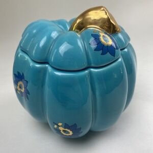 Rare: Waechtersbach TEAL Pumpkin Preserves Jar Candy Dish‎ Halloween W. Germany